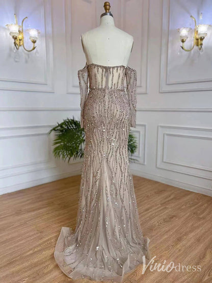 Elegant Beaded Sheath Prom Dresses Spaghetti Strap Long Sleeve Pageant Dress AD1237-Evening Dresses 2025 -Viniodress-Grey-US 2-