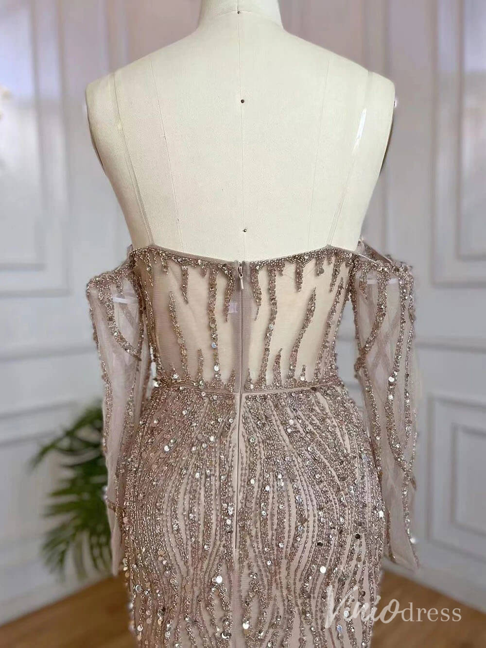 Elegant Beaded Sheath Prom Dresses Spaghetti Strap Long Sleeve Pageant Dress AD1237-Evening Dresses 2025 -Viniodress-Grey-US 2-