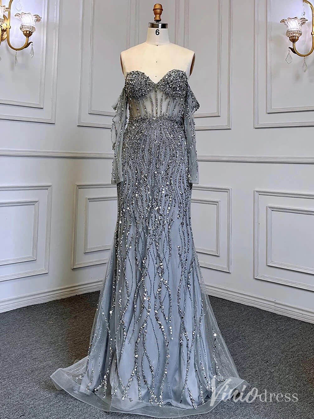 Elegant Beaded Sheath Prom Dresses Spaghetti Strap Long Sleeve Pageant Dress AD1237-Evening Dresses 2025 -Viniodress-Grey-US 2-