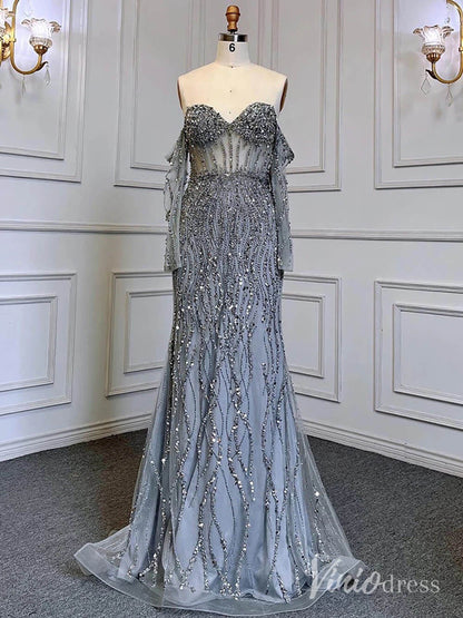 Elegant Beaded Sheath Prom Dresses Spaghetti Strap Long Sleeve Pageant Dress AD1237-Evening Dresses 2025 -Viniodress-Grey-US 2-