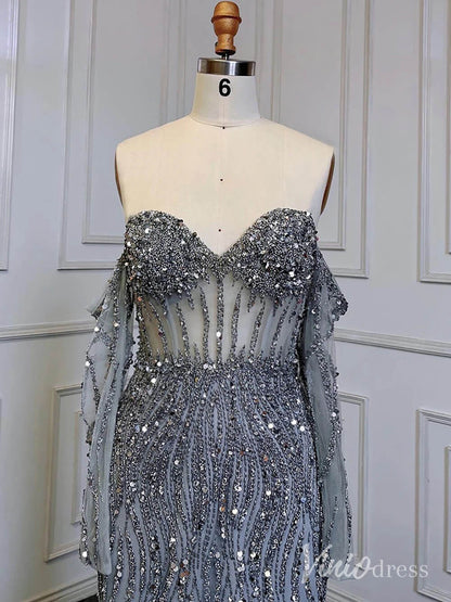 Elegant Beaded Sheath Prom Dresses Spaghetti Strap Long Sleeve Pageant Dress AD1237-Evening Dresses 2025 -Viniodress-Grey-US 2-