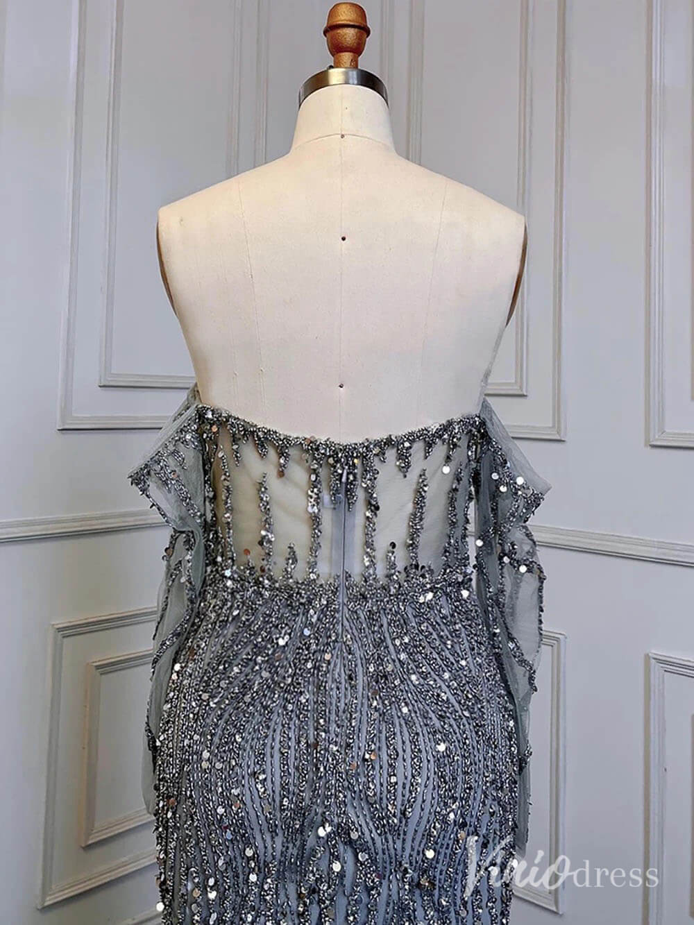 Elegant Beaded Sheath Prom Dresses Spaghetti Strap Long Sleeve Pageant Dress AD1237-Evening Dresses 2025 -Viniodress-Grey-US 2-