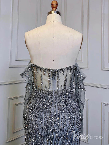 Elegant Beaded Sheath Prom Dresses Spaghetti Strap Long Sleeve Pageant Dress AD1237-Evening Dresses 2025 -Viniodress-Grey-US 2-