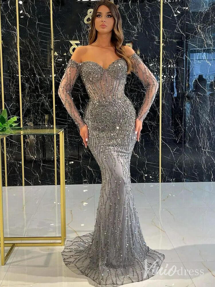 Elegant Beaded Sheath Prom Dresses Spaghetti Strap Long Sleeve Pageant Dress AD1237-Evening Dresses 2025 -Viniodress-Grey-US 2-