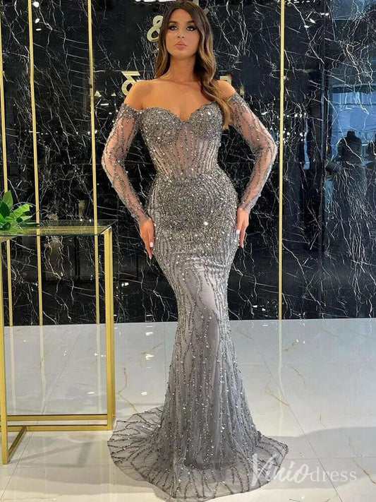 Elegant Beaded Sheath Prom Dresses Spaghetti Strap Long Sleeve Pageant Dress AD1237-Evening Dresses 2025 -Viniodress-Grey-US 2-