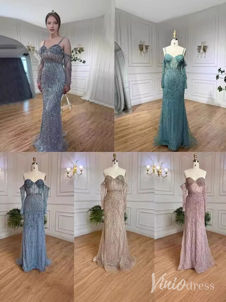 Elegant Beaded Sheath Prom Dresses Spaghetti Strap Long Sleeve Pageant Dress AD1237-prom dresses-Viniodress-Grey-US 2-Viniodress