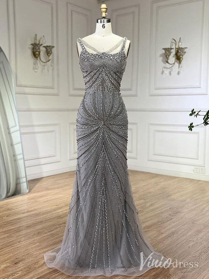 Elegant Beaded Sheath Prom Dresses Spaghetti Strap Pageant Dress AD1236-Evening Dresses 2025 -Viniodress-Grey-US 2-