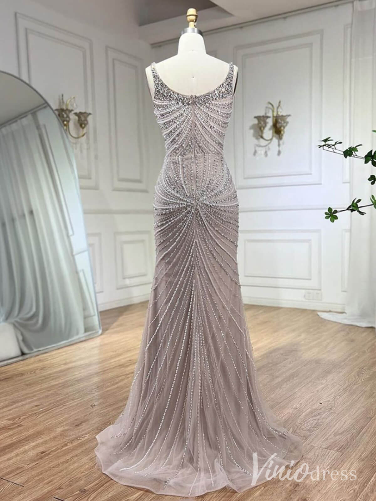 Elegant Beaded Sheath Prom Dresses Spaghetti Strap Pageant Dress AD1236-Evening Dresses 2025 -Viniodress-Taupe-US 2-