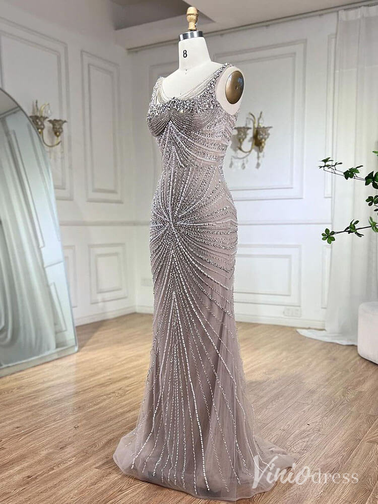 Elegant Beaded Sheath Prom Dresses Spaghetti Strap Pageant Dress AD1236-Evening Dresses 2025 -Viniodress-Taupe-US 2-