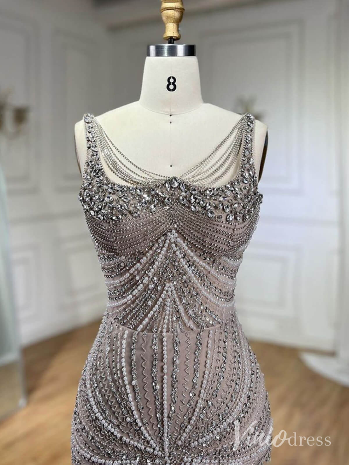 Elegant Beaded Sheath Prom Dresses Spaghetti Strap Pageant Dress AD1236-Evening Dresses 2025 -Viniodress-Taupe-US 2-