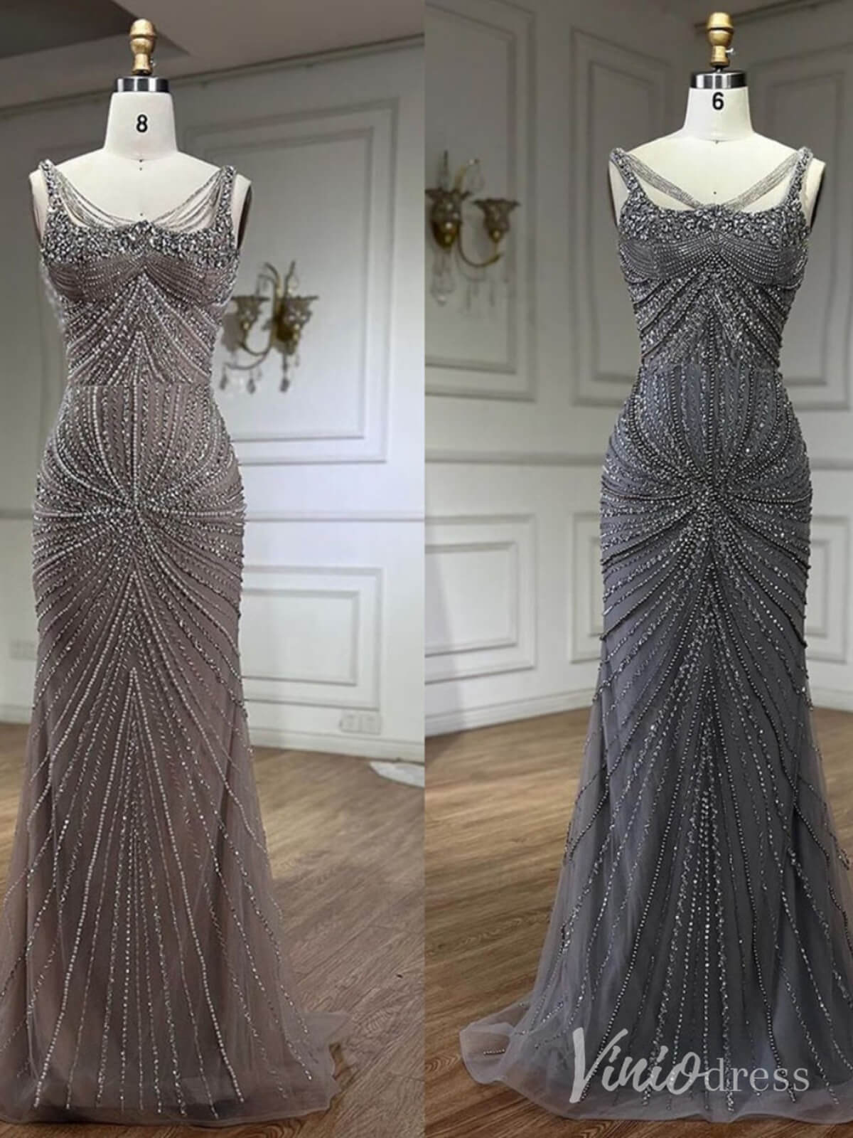 Elegant Beaded Sheath Prom Dresses Spaghetti Strap Pageant Dress AD1236-Evening Dresses 2025 -Viniodress-Taupe-US 2-