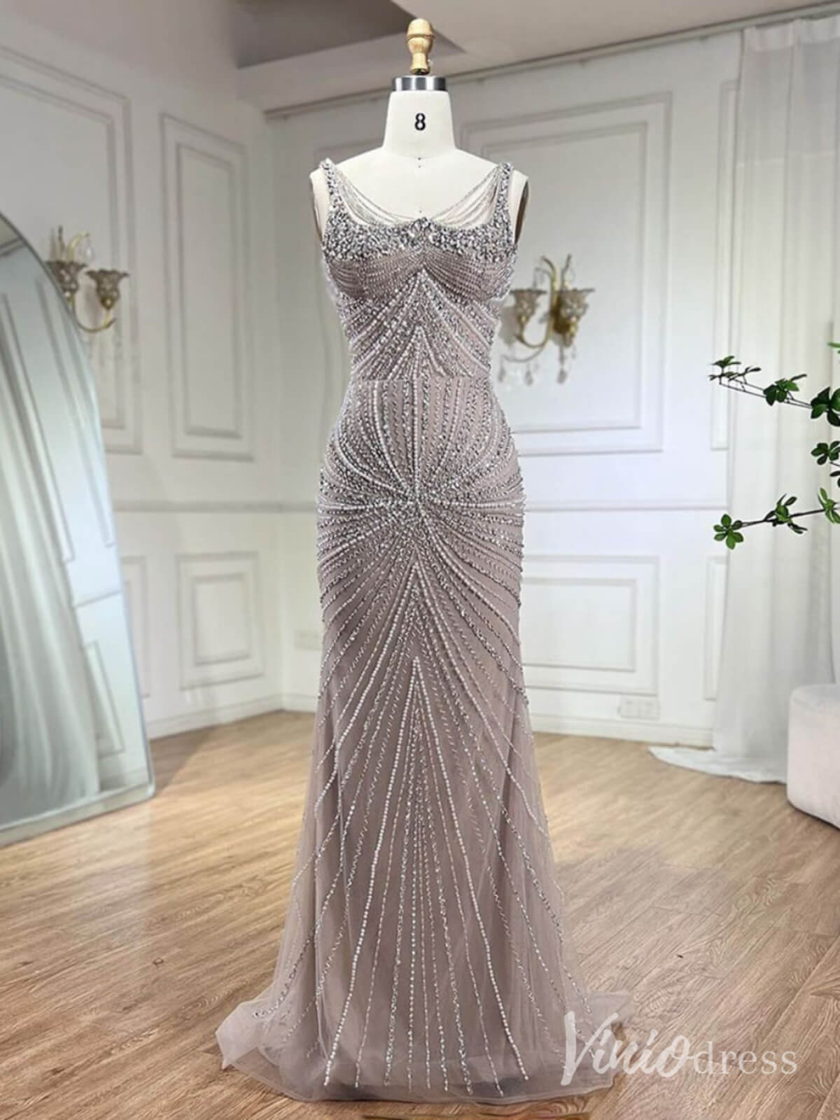 Elegant Beaded Sheath Prom Dresses Spaghetti Strap Pageant Dress AD1236 - ViniodressEvening DressesTaupeUS 2 - Formal Dresses - Ball Gowns