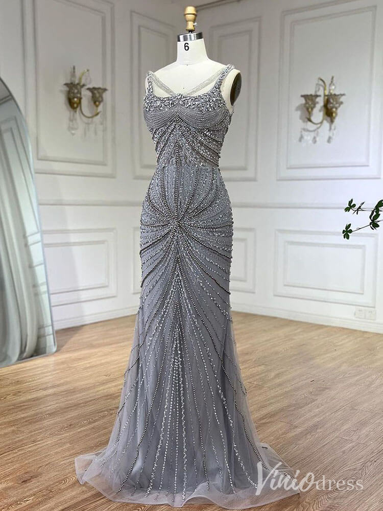 Elegant Beaded Sheath Prom Dresses Spaghetti Strap Pageant Dress AD1236 - ViniodressEvening DressesGreyUS 2 - Formal Dresses - Ball Gowns