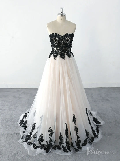 Elegant Black Lace Strapless Wedding Dress with Sweetheart Neckline, Nude Lining, and Tulle Skirt – BK120-wedding dresses 2025 -Viniodress-Ivory-Custom Size-