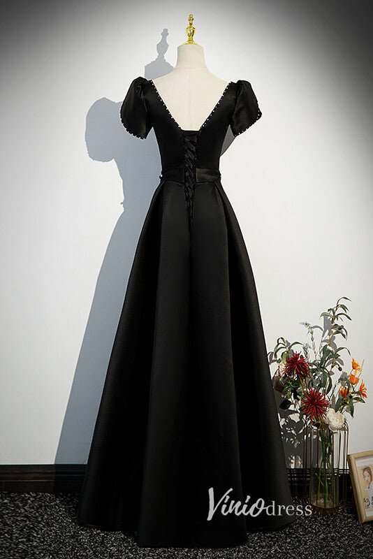 Elegant Black Satin Prom Dresses with Puffed Sleeve FD3528-prom dresses 2025 -Viniodress-Black-Custom Size-