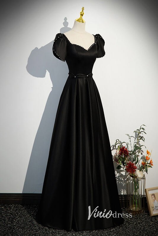 Elegant Black Satin Prom Dresses with Puffed Sleeve FD3528-prom dresses 2025 -Viniodress-Black-Custom Size-