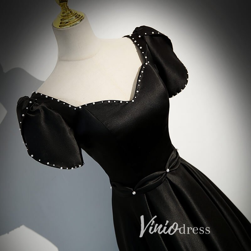 Elegant Black Satin Prom Dresses with Puffed Sleeve FD3528-prom dresses 2025 -Viniodress-Black-Custom Size-