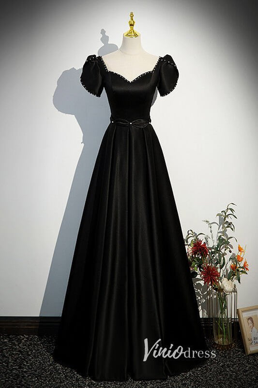 Elegant Black Satin Prom Dresses with Puffed Sleeve FD3528-prom dresses 2025 -Viniodress-Black-Custom Size-