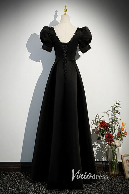 Elegant Black Satin Prom Dresses with Puffed Sleeve FD3530-prom dresses 2025 -Viniodress-Black-Custom Size-