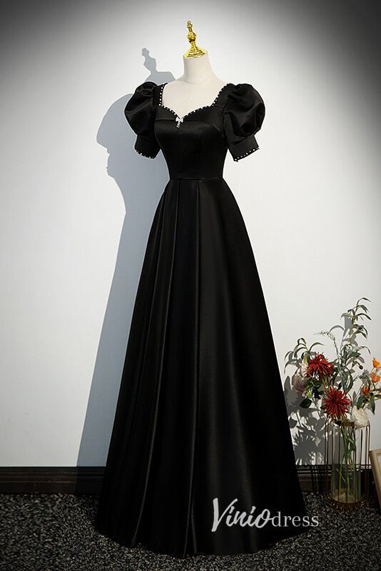 Elegant Black Satin Prom Dresses with Puffed Sleeve FD3530-prom dresses 2025 -Viniodress-Black-Custom Size-