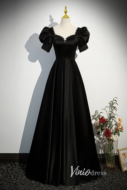 Elegant Black Satin Prom Dresses with Puffed Sleeve FD3530-prom dresses 2025 -Viniodress-Black-Custom Size-