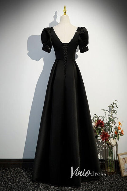 Elegant Black Satin Prom Dresses with Puffed Sleeve FD3531-prom dresses 2025 -Viniodress-Black-Custom Size-