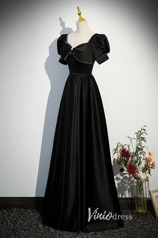 Elegant Black Satin Prom Dresses with Puffed Sleeve FD3531-prom dresses 2025 -Viniodress-Black-Custom Size-