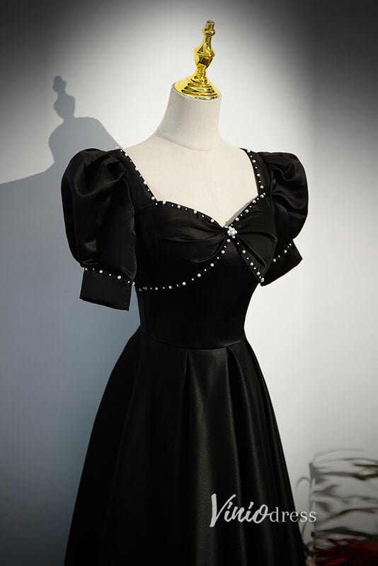 Elegant Black Satin Prom Dresses with Puffed Sleeve FD3531-prom dresses 2025 -Viniodress-Black-Custom Size-