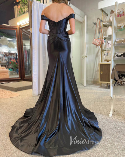Elegant Black Satin Prom Dresses with Slit Off the Shoulder Evening Dress FD3615-prom dresses 2025 -Viniodress-Black-Custom Size-