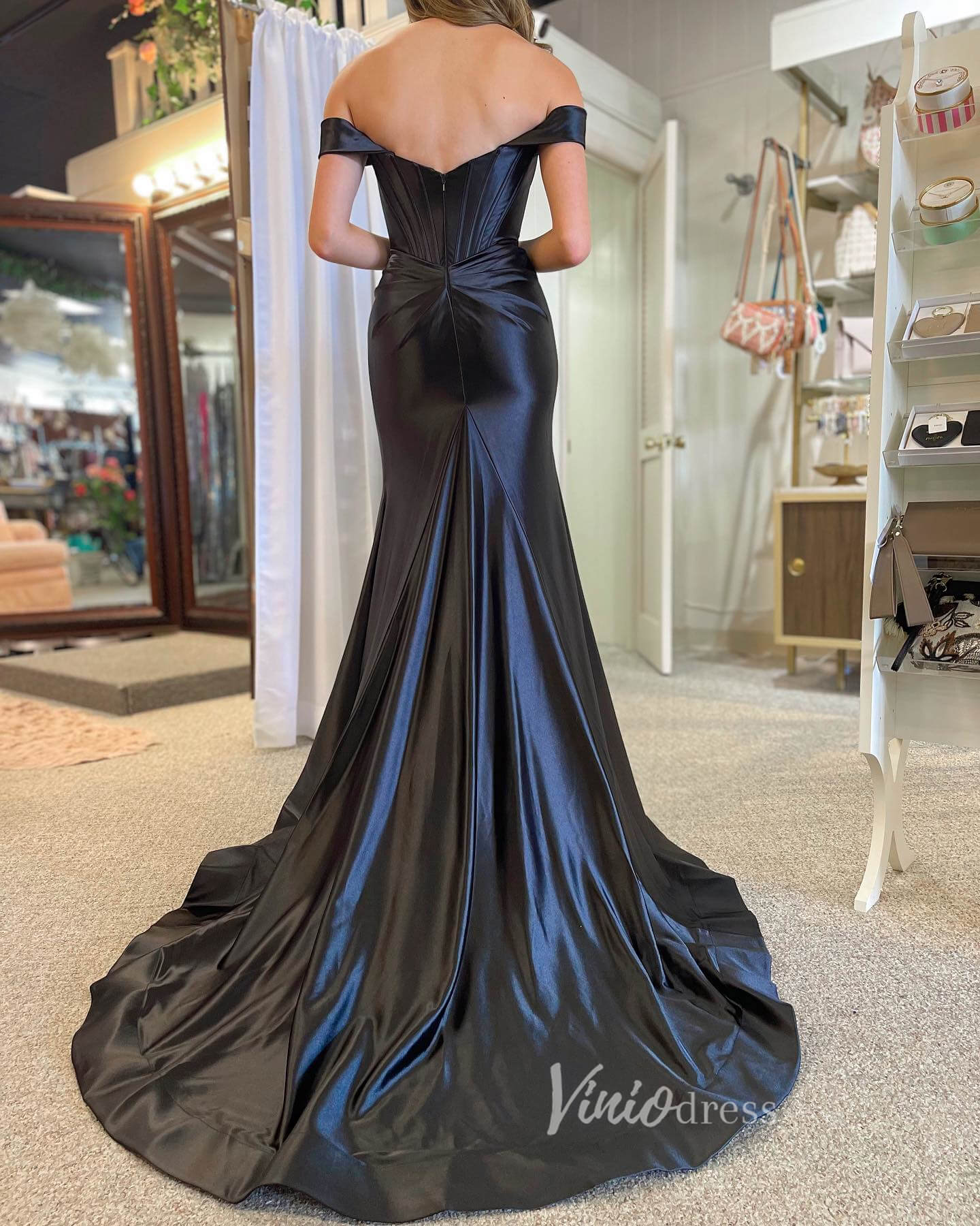 Elegant Black Satin Prom Dresses with Slit Off the Shoulder Evening Dress FD3615-prom dresses 2025 -Viniodress-Black-Custom Size-