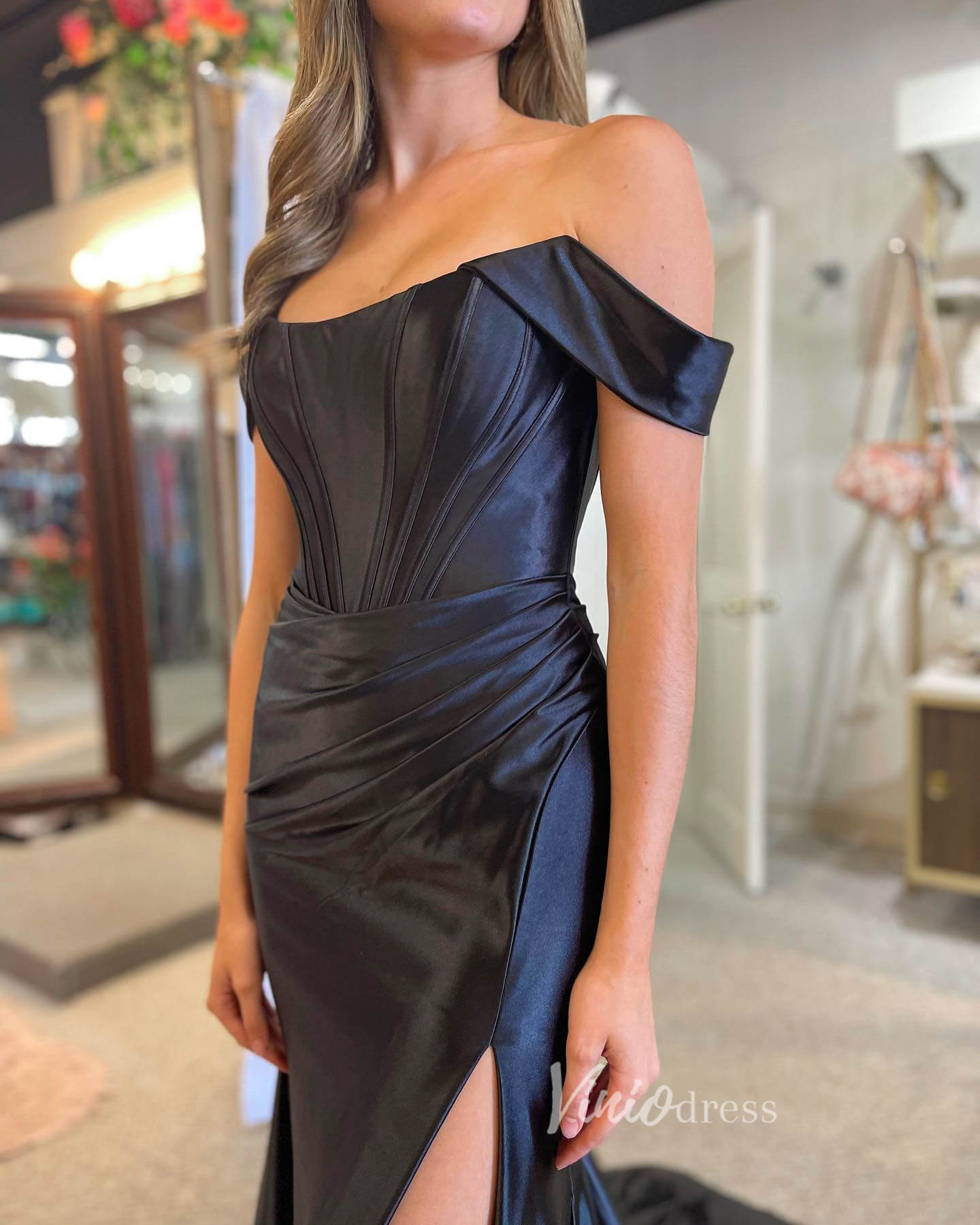 Elegant Black Satin Prom Dresses with Slit Off the Shoulder Evening Dress FD3615-prom dresses-Viniodress-Viniodress