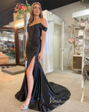 Elegant Black Satin Prom Dresses with Slit Off the Shoulder Evening Dress  FD3615
