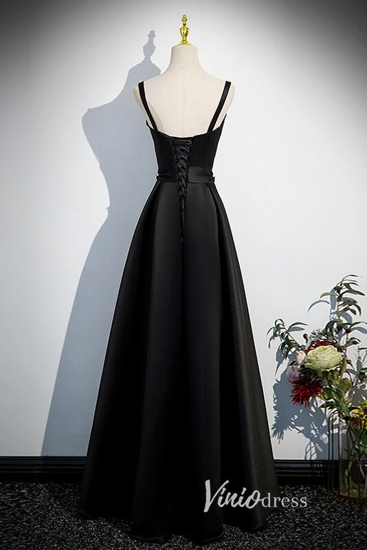 Elegant Black Satin Prom Dresses with Spaghetti Strap FD3529-prom dresses 2025 -Viniodress-Black-Custom Size-