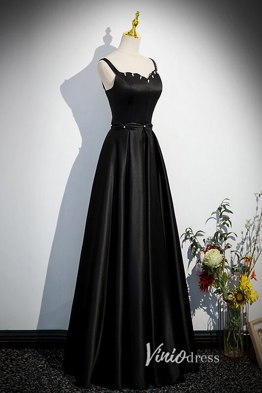 Elegant Black Satin Prom Dresses with Spaghetti Strap FD3529-prom dresses 2025 -Viniodress-Black-Custom Size-