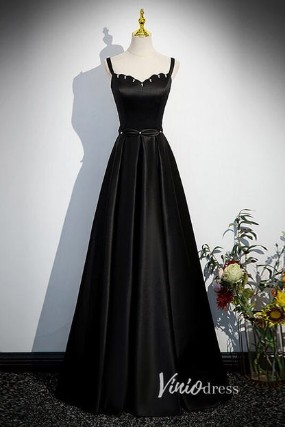 Elegant Black Satin Prom Dresses with Spaghetti Strap FD3529-prom dresses 2025 -Viniodress-Black-Custom Size-