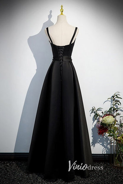 Elegant Black Satin Prom Dresses with Spaghetti Strap FD3529-prom dresses 2025 -Viniodress-Black-Custom Size-