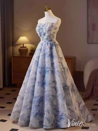 Elegant Blue Floral Appliqué Ball Gown – Strapless 3D Flower Evening Dress with Embroidered Lace BJ070-prom dresses 2025 -Viniodress-Blue-Custom Size-