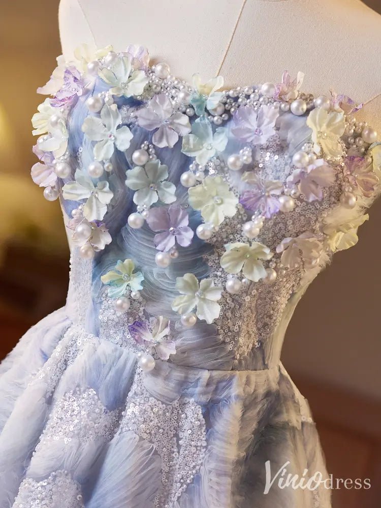 Elegant Blue Floral Appliqué Ball Gown – Strapless 3D Flower Evening Dress with Embroidered Lace BJ070-prom dresses 2025 -Viniodress-Blue-Custom Size-