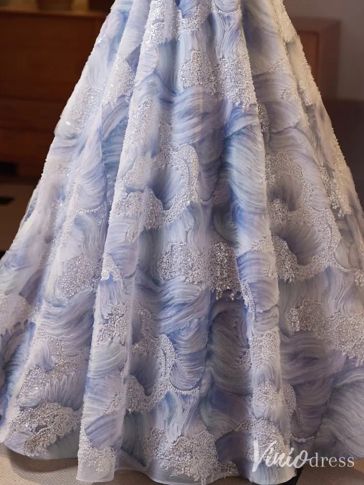 Elegant Blue Floral Appliqué Ball Gown – Strapless 3D Flower Evening Dress with Embroidered Lace BJ070-prom dresses 2025 -Viniodress-Blue-Custom Size-