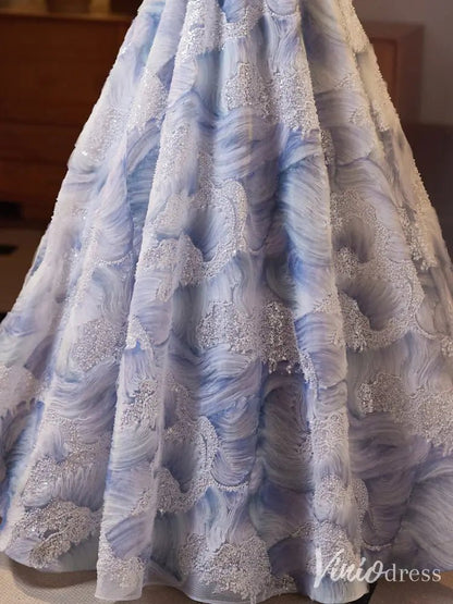 Elegant Blue Floral Appliqué Ball Gown – Strapless 3D Flower Evening Dress with Embroidered Lace BJ070-prom dresses 2025 -Viniodress-Blue-Custom Size-