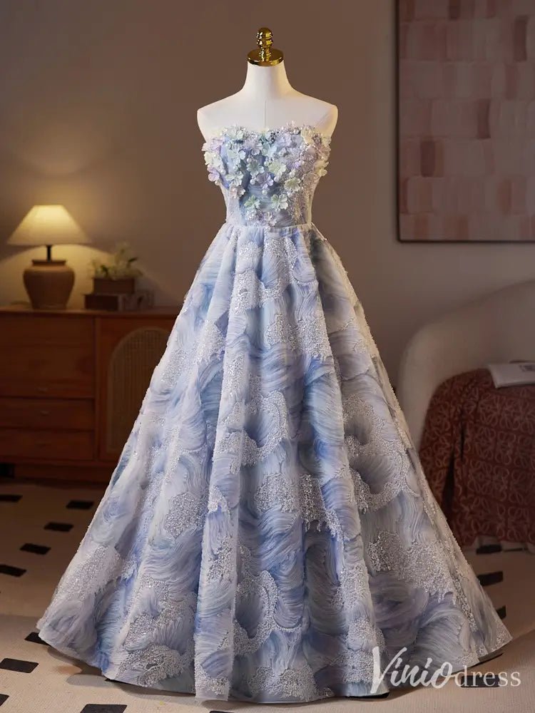 Elegant Blue Floral Appliqué Ball Gown – Strapless 3D Flower Evening Dress with Embroidered Lace BJ070-prom dresses 2025 -Viniodress-Blue-Custom Size-