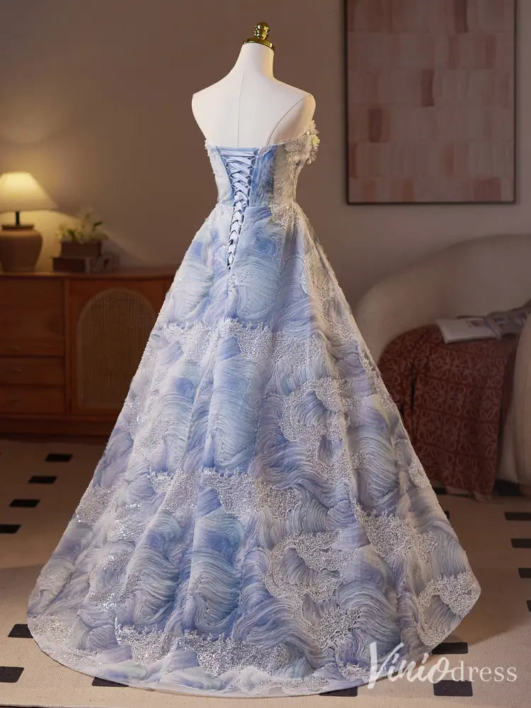 prom dresses 2025 Elegant Blue Floral Appliqué Ball Gown – Strapless 3D Flower Evening Dress with Embroidered Lace BJ070-plus size wedding dresses Viniodress-Blue-Custom Size-