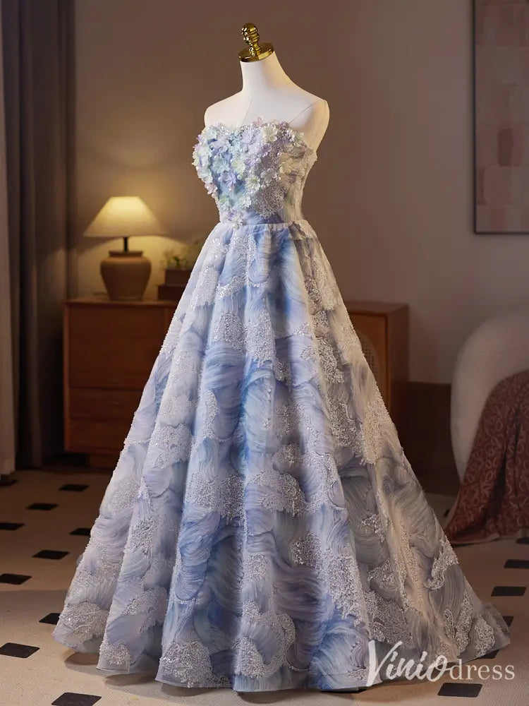 prom dresses 2025 Elegant Blue Floral Appliqué Ball Gown – Strapless 3D Flower Evening Dress with Embroidered Lace BJ070-plus size wedding dresses Viniodress-Blue-Custom Size-