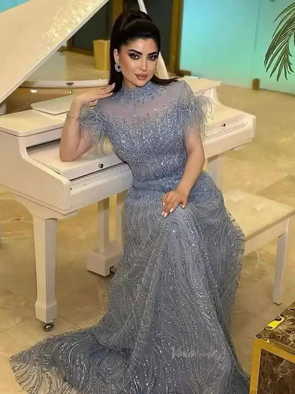 Elegant Blue Prom Dresses High Neck Beaded Formal Dresses, Short Sleeves BD008-Evening Dresses 2025 -Viniodress-Blue-US 2-