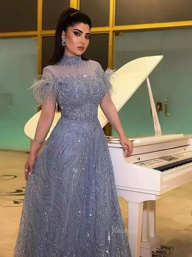 Elegant Blue Prom Dresses High Neck Beaded Formal Dresses, Short Sleeves BD008-Evening Dresses 2025 -Viniodress-Blue-US 2-