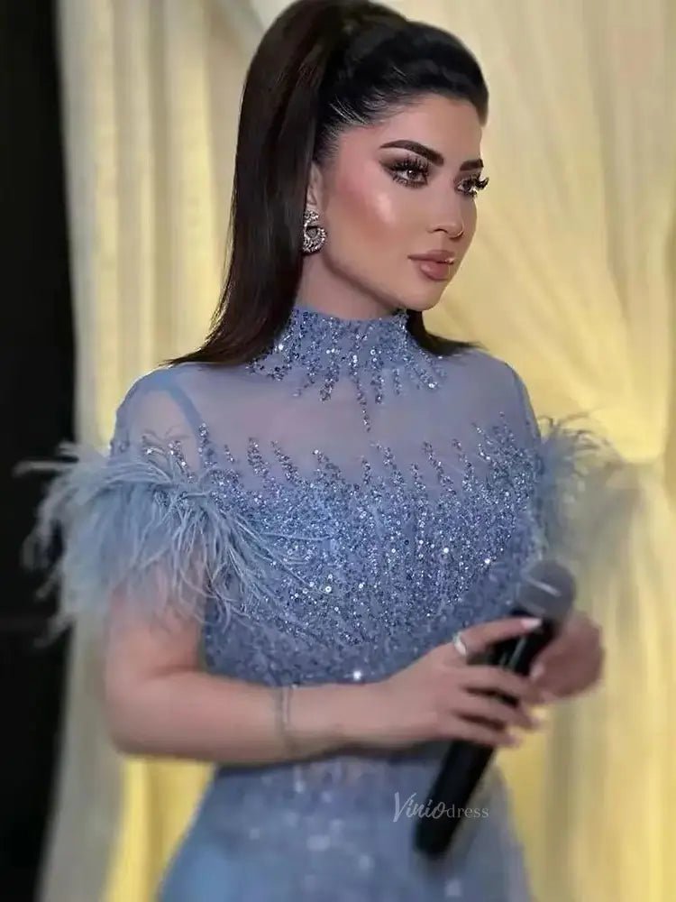 Elegant Blue Prom Dresses High Neck Beaded Formal Dresses, Short Sleeves BD008-Evening Dresses 2025 -Viniodress-Blue-US 2-