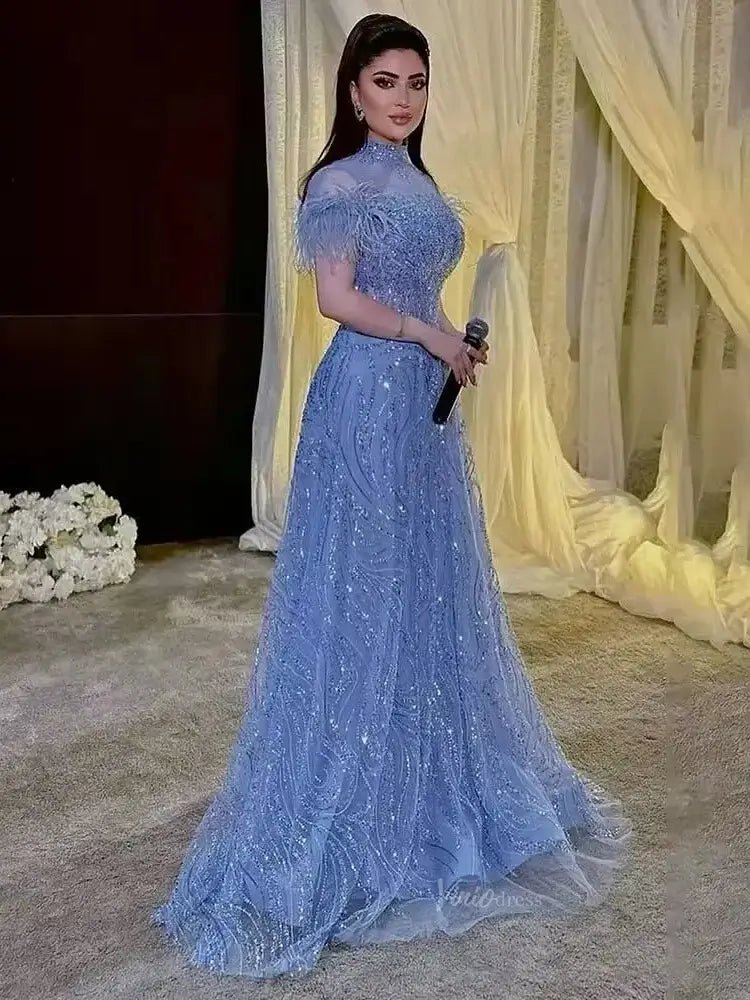 Elegant Blue Prom Dresses High Neck Beaded Formal Dresses, Short Sleeves BD008-Evening Dresses 2025 -Viniodress-Blue-US 2-