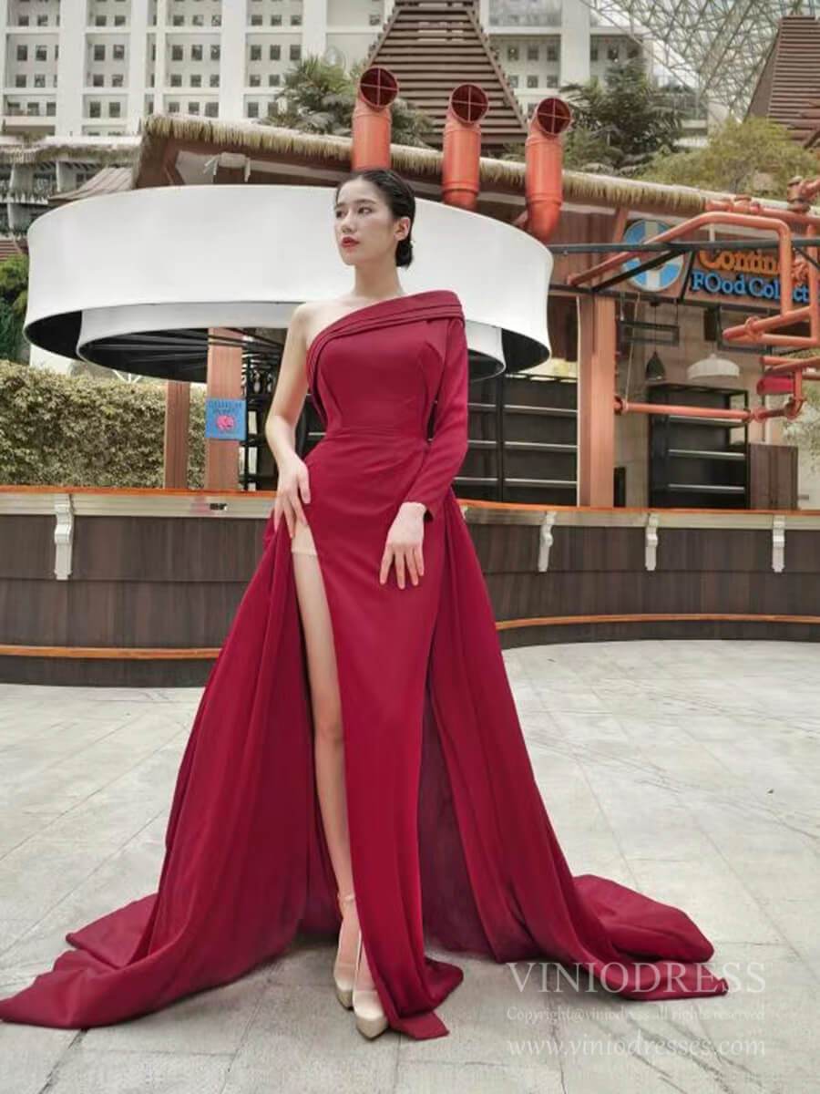 Prom Dress 2025 Elegant Burgundy Prom Evening Gown One Shoulder Long Sleeve Pageant Dresses FD2428-unique prom dresses-Burgundy-Custom Size-Viniodress