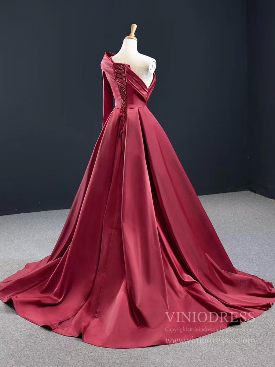 Prom Dress 2025 Elegant Burgundy Prom Evening Gown One Shoulder Long Sleeve Pageant Dresses FD2428-unique prom dresses-Burgundy-Custom Size-Viniodress