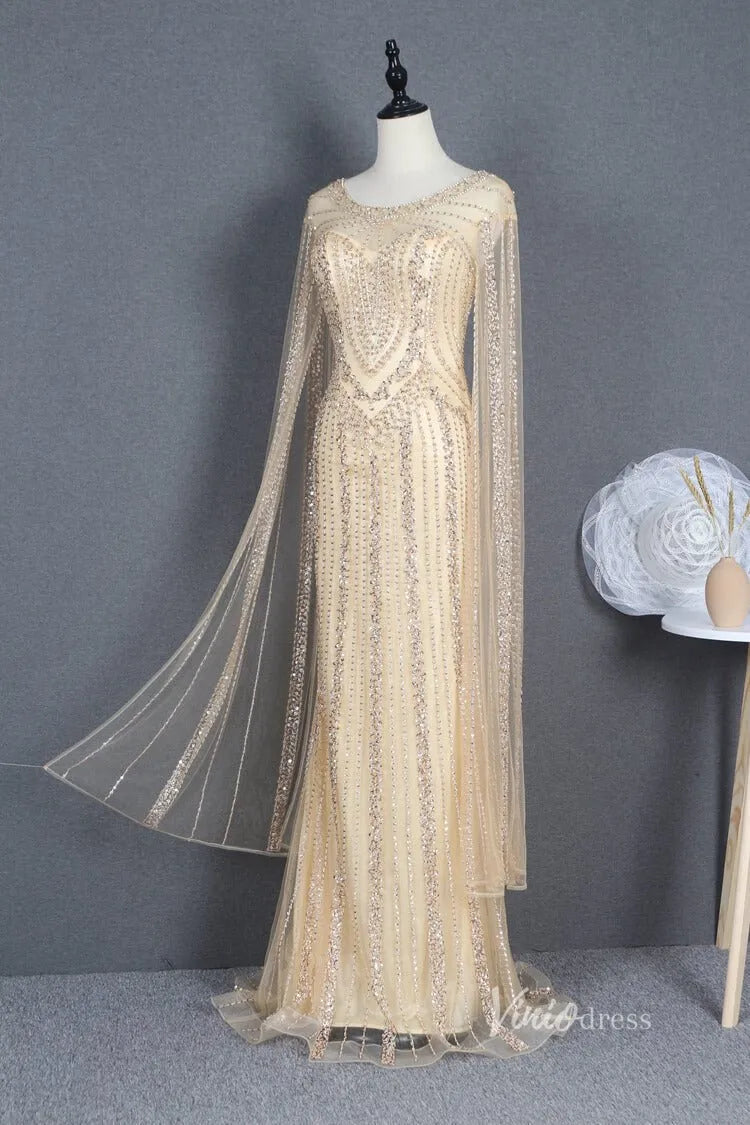 Elegant Cape Sleeve Evening Dress Vintage Beaded Sheath Prom Dresses FD2775-Evening Dresses 2025 -Viniodress-Gold-US 2-